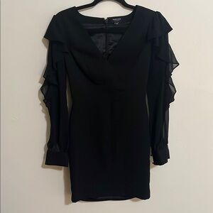 Marciano Black Cocktail Dress with Ruffled Cut-Out Sleeves